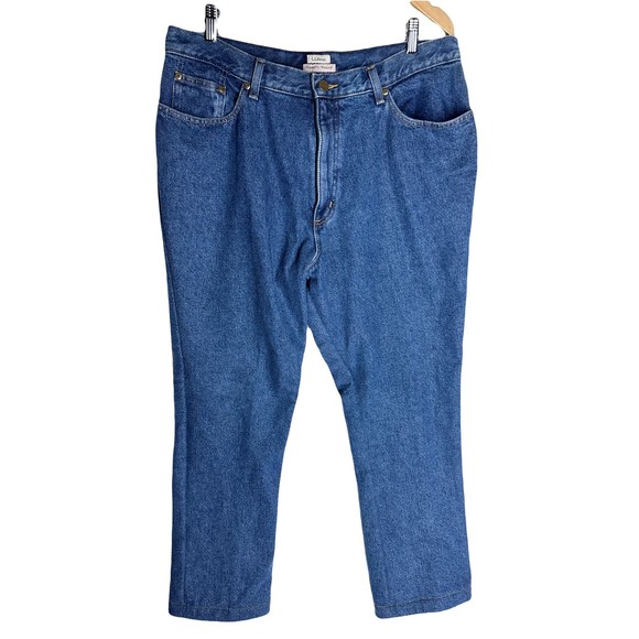 LL BEAN Womens Relaxed Fit Flannel Lined Jeans Size 18 Petite Blue Cotton - Picture 1 of 8